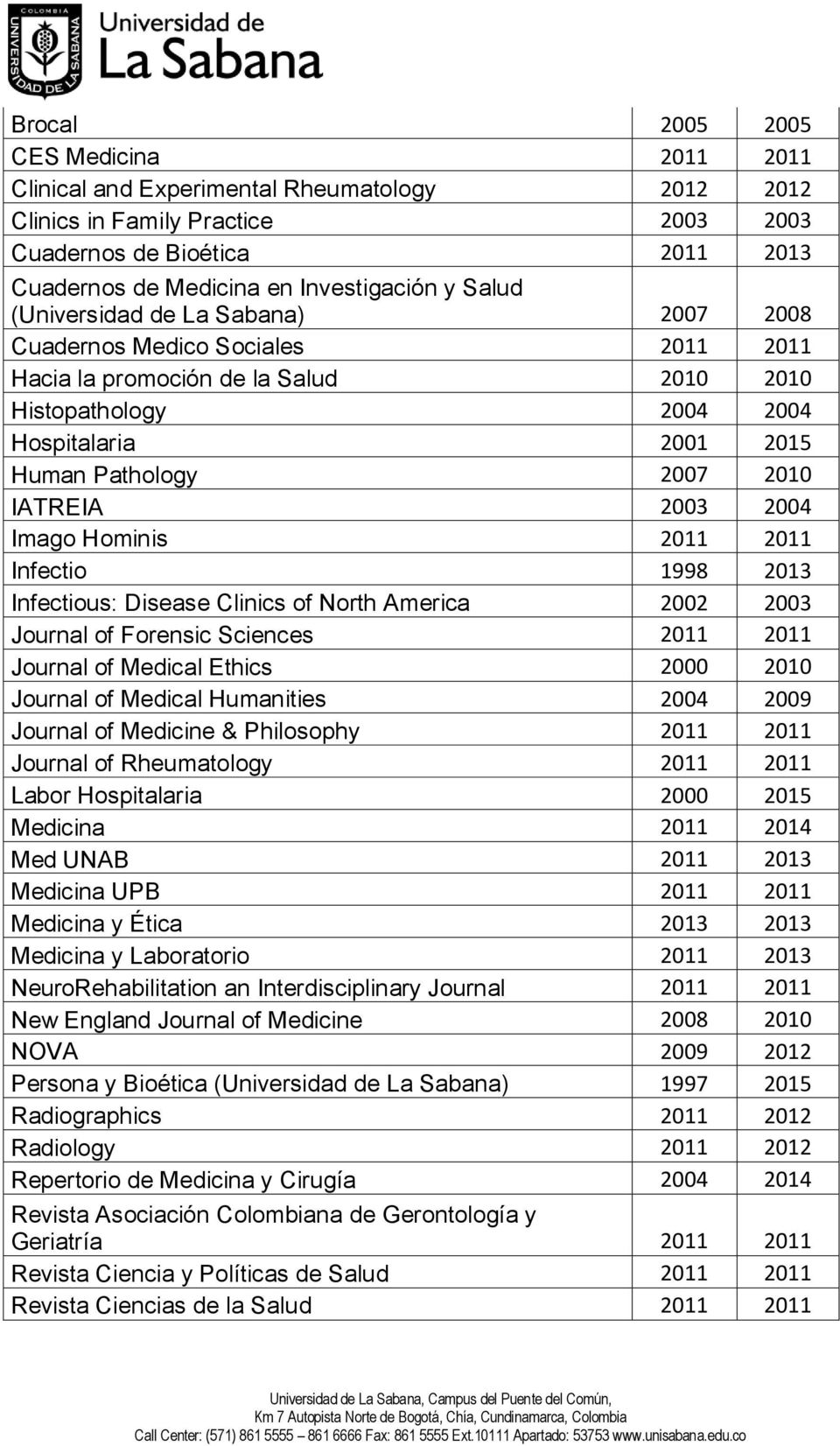 IATREIA 2003 2004 Imago Hominis 2011 2011 Infectio 1998 2013 Infectious: Disease Clinics of North America 2002 2003 Journal of Forensic Sciences 2011 2011 Journal of Medical Ethics 2000 2010 Journal