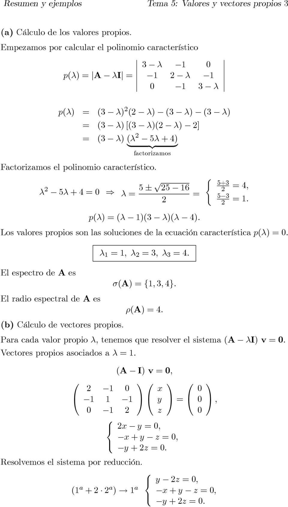 son las soluciones de la ecuación característica p(λ) El espectro de A es λ λ 3 λ 3 4 σ(a) { 3 4} El radio espectral de A es ρ(a) 4 (b) Cálculo de vectores propios Para cada