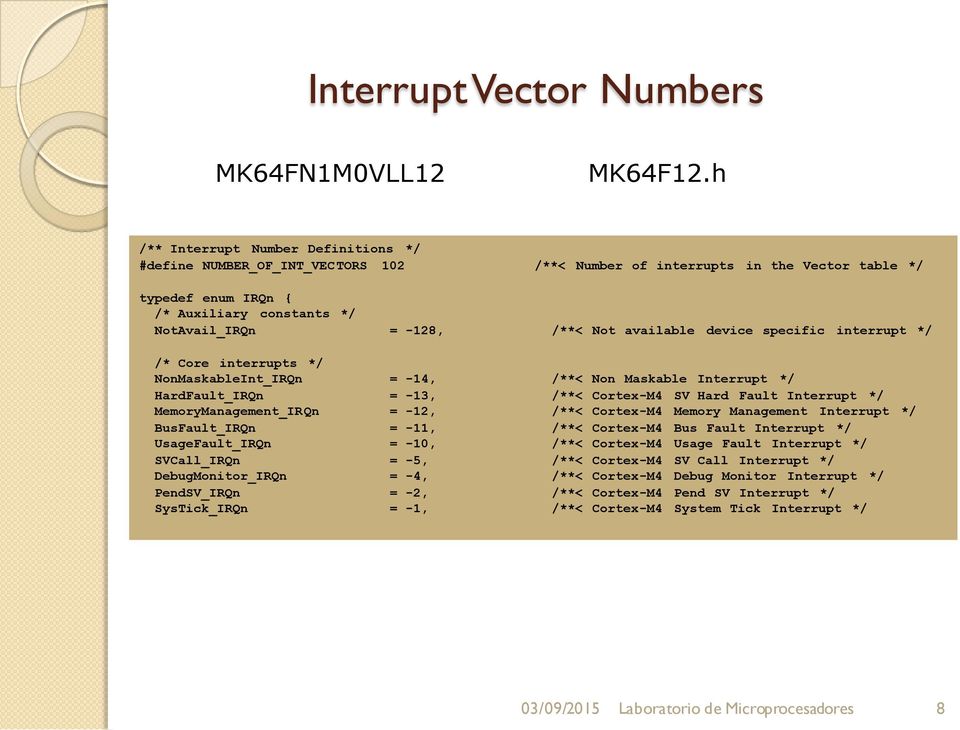 available device specific interrupt */ /* Core interrupts */ NonMaskableInt_IRQn = -14, /**< Non Maskable Interrupt */ HardFault_IRQn = -13, /**< Cortex-M4 SV Hard Fault Interrupt */