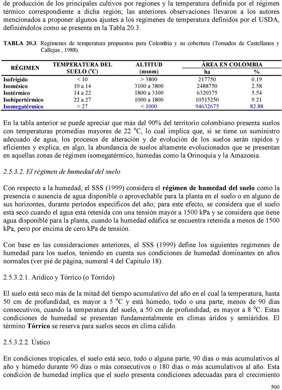 TABLA 20.3. Regímenes de temperatura propuestos para Colombia y su cobertura (Tomados de Castellanos y Callejas, 1988).