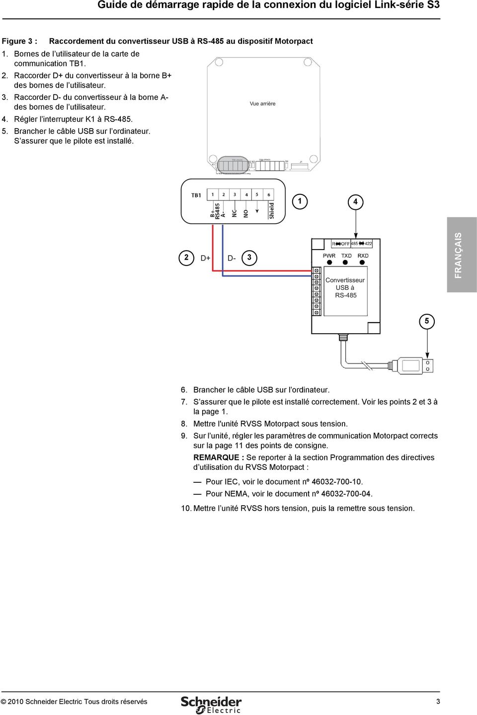Raccorder D- du convertisseur à la borne A- Vue arrière des bornes de l utilisateur. 4. Régler l interrupteur K1 à RS-485. 5. Brancher le câble USB sur l ordinateur.