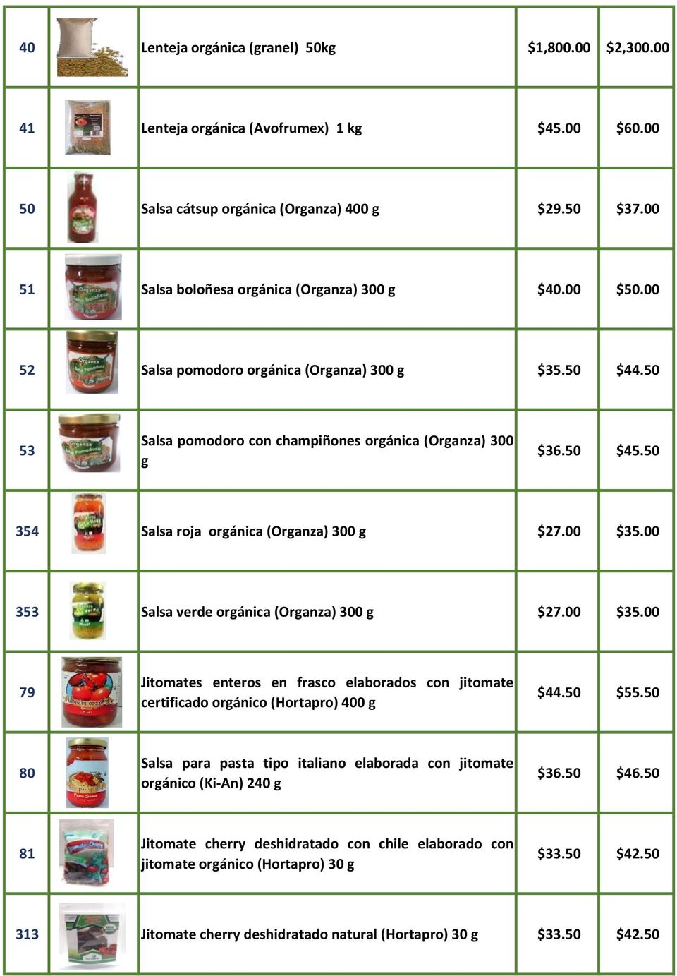 50 354 Salsa roja orgánica (Organza) 300 g $27.00 $35.00 353 Salsa verde orgánica (Organza) 300 g $27.00 $35.00 79 Jitomates enteros en frasco elaborados con jitomate certificado orgánico (Hortapro) 400 g $44.