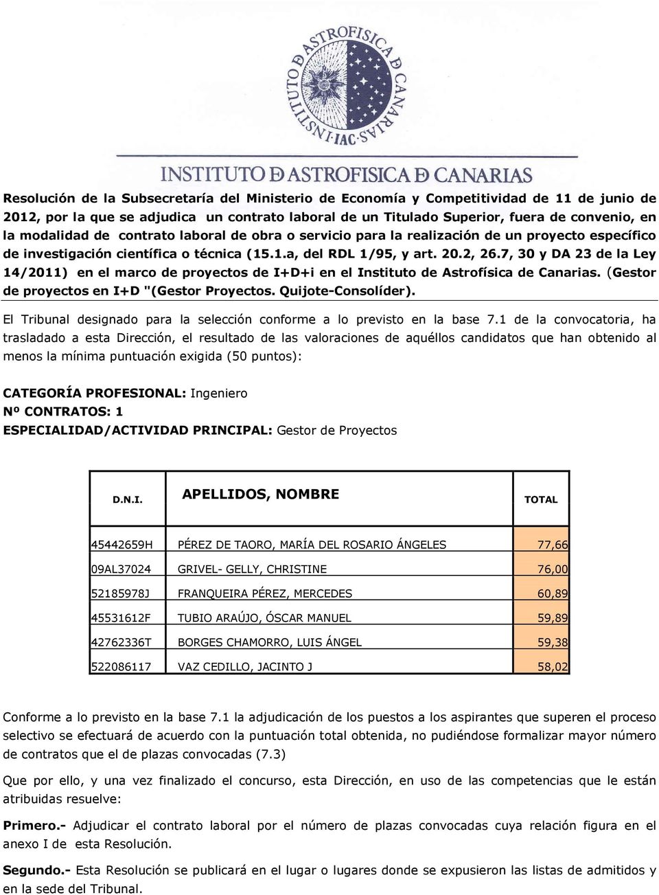 7, 30 y DA 23 de la Ley 14/2011) en el marco de proyectos de I+D+i en el Instituto de Astrofísica de Canarias. (Gestor de proyectos en I+D "(Gestor Proyectos. Quijote-Consolíder).