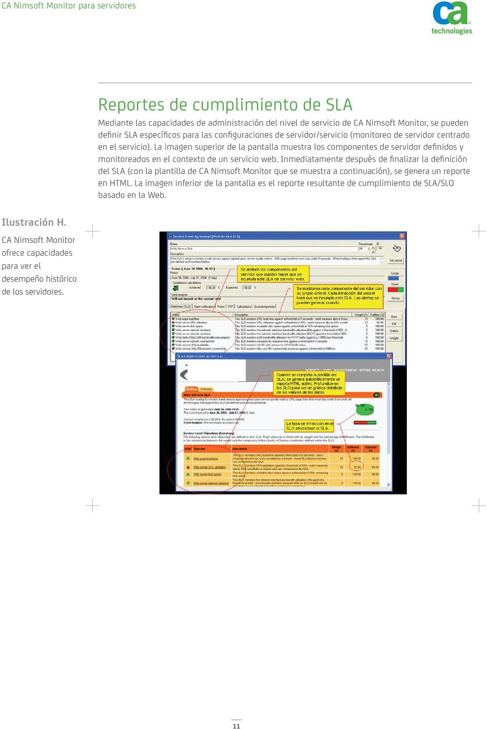 La imagen superior de la pantalla muestra los componentes de servidor definidos y monitoreados en el contexto de un servicio web.