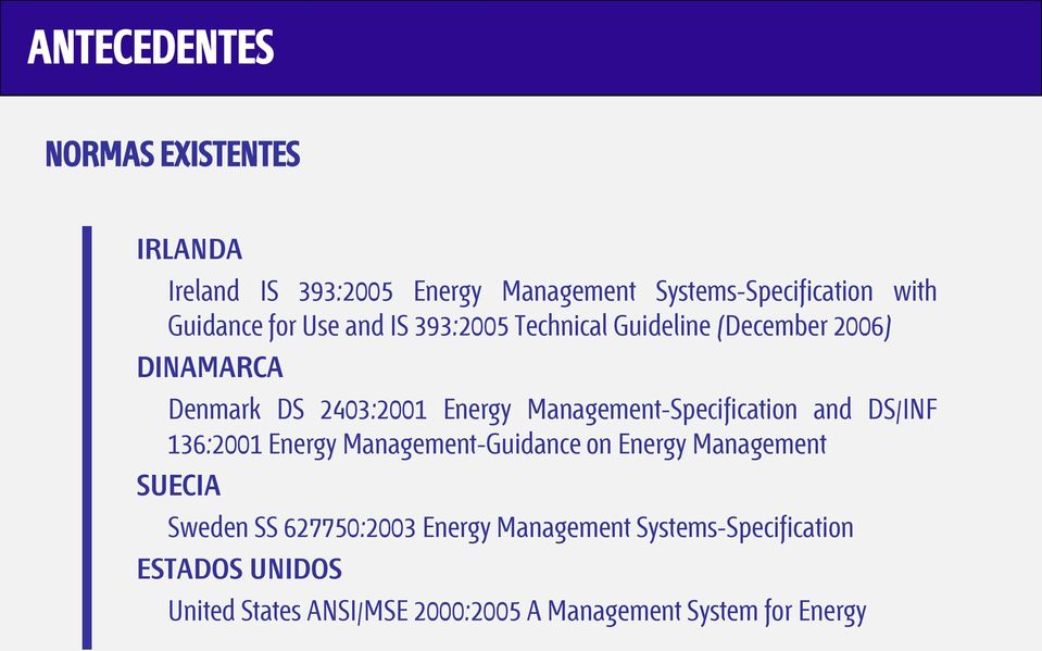 Management-Specification and DS/INF 136:2001 Energy Management-Guidance on Energy Management SUECIA Sweden SS
