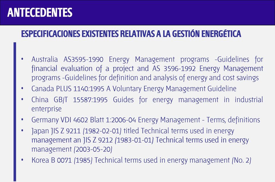 15587:1995 Guides for energy management in industrial enterprise Germany VDI 4602 Blatt 1:2006-04 Energy Management - Terms, definitions Japan JIS Z 9211 (1982-02-01) titled