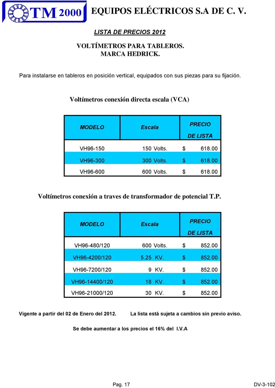 $ 618.00 Voltímetros conexión a traves de transformador de potencial T.P. MODELO Escala PRECIO DE LISTA VH96-480/120 600 Volts. $ 852.