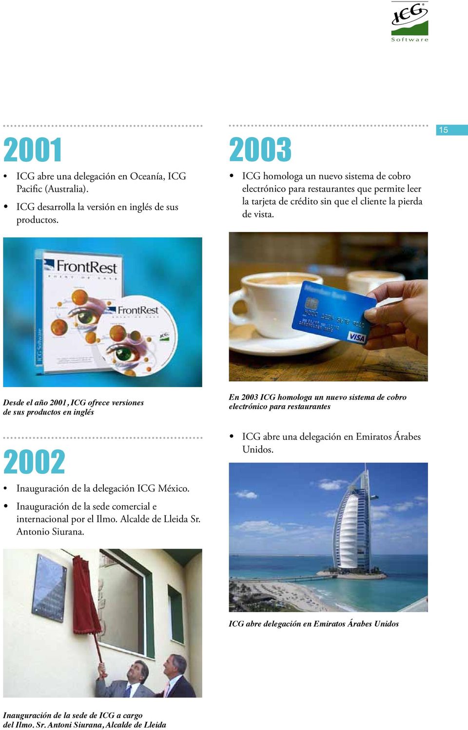 15 Desde el año 2001, ICG ofrece versiones de sus productos en inglés 2002 Inauguración de la delegación ICG México. Inauguración de la sede comercial e internacional por el Ilmo.