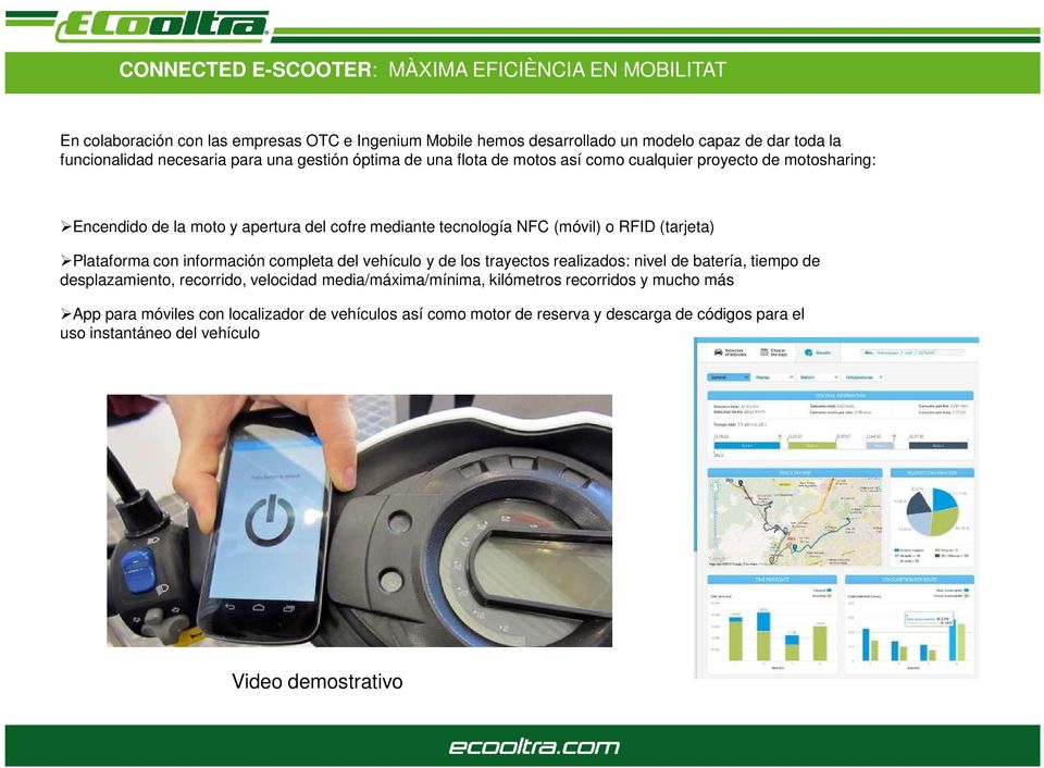 RFID (tarjeta) Plataforma con información completa del vehículo y de los trayectos realizados: nivel de batería, tiempo de desplazamiento, recorrido, velocidad