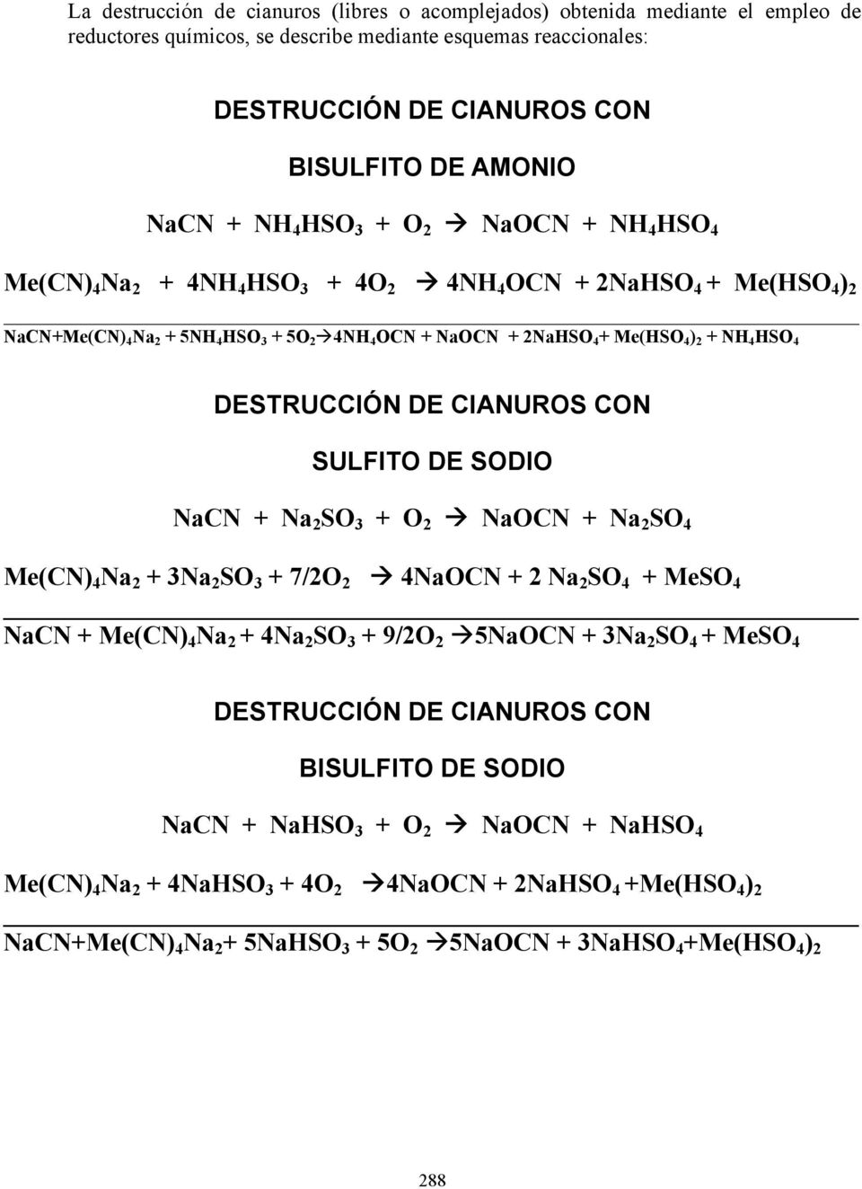 SULFITO DE SODIO NaCN + Na 2 SO 3 + O 2 NaOCN + Na 2 SO 4 Me(CN) 4 Na 2 + 3Na 2 SO 3 + 7/2O 2 4NaOCN + 2 Na 2 SO 4 + MeSO 4 NaCN + Me(CN) 4 Na 2 + 4Na 2 SO 3 + 9/2O 2 5NaOCN + 3Na 2 SO 4 +