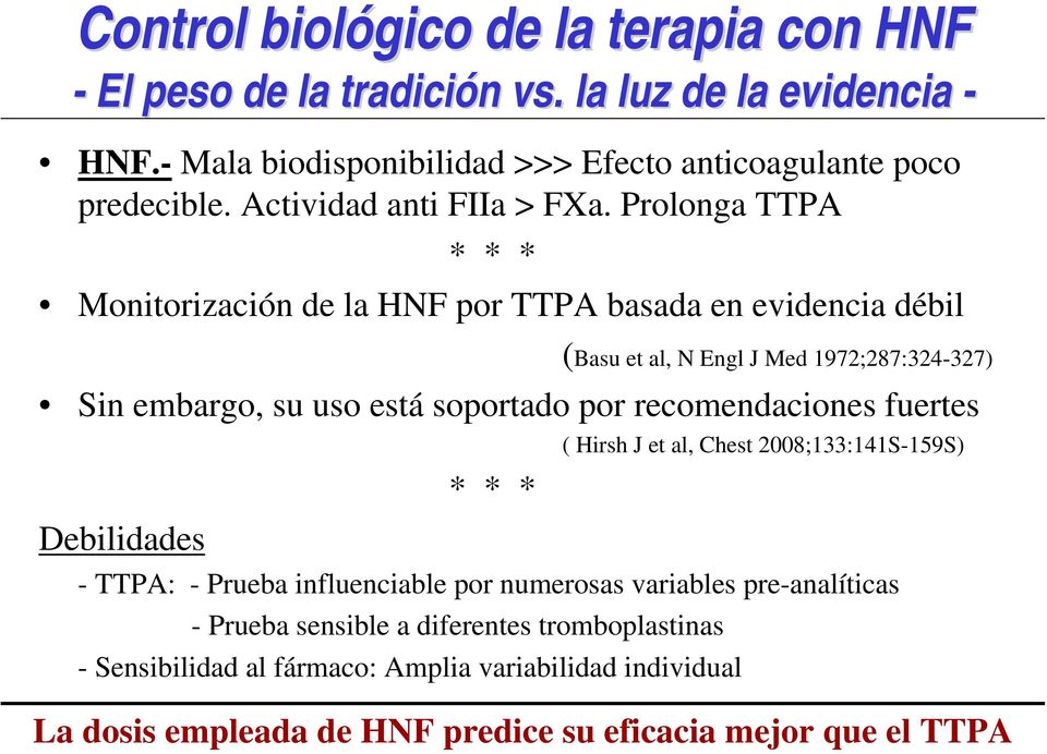 Prolonga TTPA * * * Monitorización de la HNF por TTPA basada en evidencia débil (Basu et al, N Engl J Med 1972;287:324-327) Sin embargo, su uso está soportado por