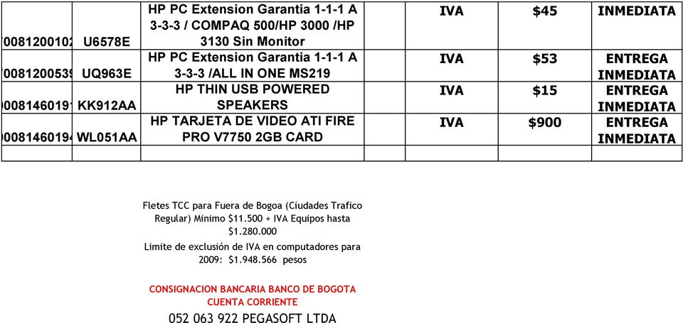 IVA $45 IVA $53 ENTREGA IVA $15 ENTREGA IVA $900 ENTREGA Fletes TCC para Fuera de Bogoa (Ciudades Trafico Regular) Minimo $11.500 + IVA Equipos hasta $1.