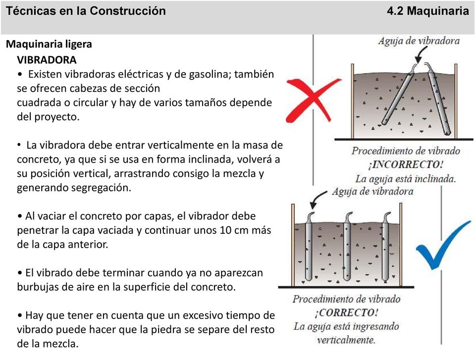 La vibradora debe entrar verticalmente en la masa de concreto, ya que si se usa en forma inclinada, volverá a su posición vertical, arrastrando consigo la mezcla y generando