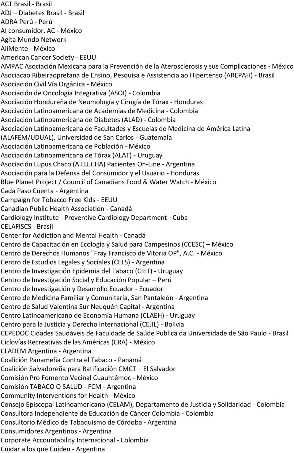 Asociación de Oncología Integrativa (ASOI) - Colombia Asociación Hondureña de Neumología y Cirugía de Tórax - Honduras Asociación Latinoamericana de Academias de Medicina - Colombia Asociación