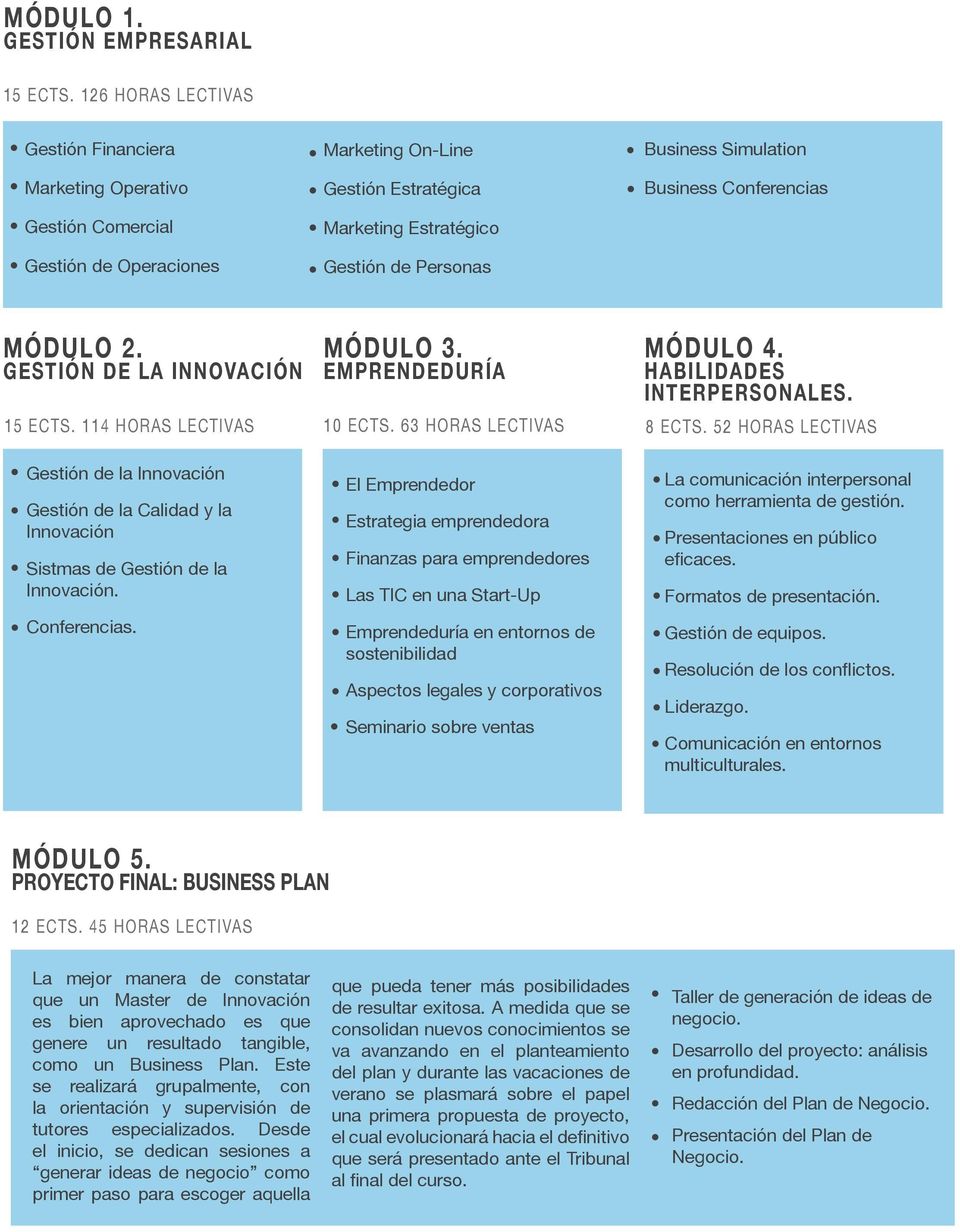 Business Conferencias MÓDULO 2. gestión de la innovación MÓDULO 3. emprendeduría 15 ECTS. 114 HORAS LECTIVAS 10 ECTS. 63 HORAS LECTIVAS MÓDULO 4. HABILIDADES INTERPERSONALES. 8 ECTS.