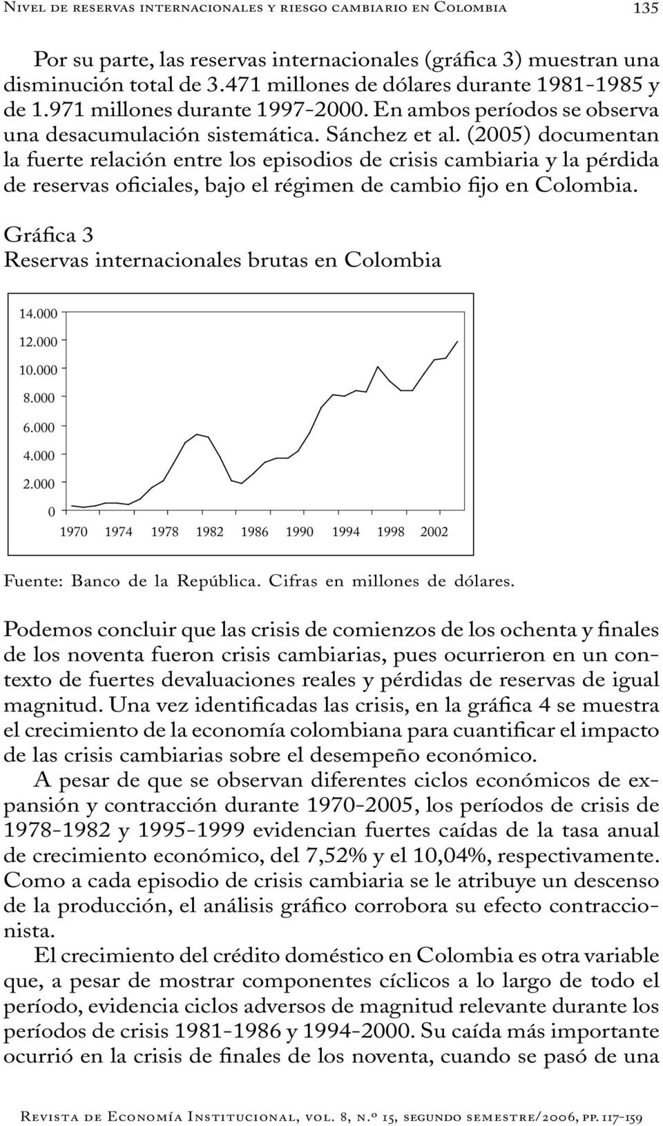 (2005) documentan la fuerte relación entre los episodios de crisis cambiaria y la pérdida de reservas oficiales, bajo el régimen de cambio fijo en Colombia.