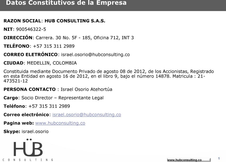 co CIUDAD: MEDELLIN, COLOMBIA Constituida mediante Documento Privado de agosto 08 de 2012, de los Accionistas, Registrado en esta Entidad en agosto 16 de