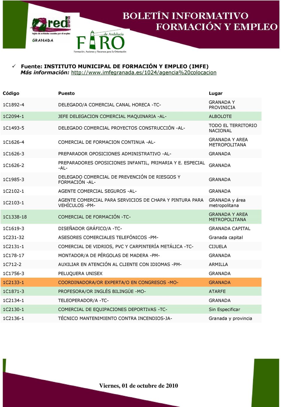 COMERCIAL PROYECTOS CONSTRUCCIÓN -AL- 1C1626-4 COMERCIAL DE FORMACION CONTINUA -AL- TODO EL TERRITORIO NACIONAL GRANADA Y AREA METROPOLITANA 1C1626-3 PREPARADOR OPOSICIONES ADMINISTRATIVO -AL-