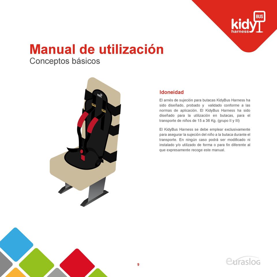 El KidyBus Harness ha sido diseñado para la utilización en butacas, para el transporte de niños de 15 a 36 Kg.