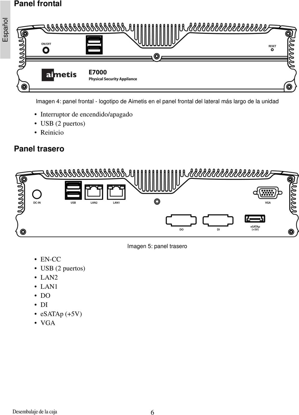 encendido/apagado USB (2 puertos) Reinicio Panel trasero EN-CC USB (2