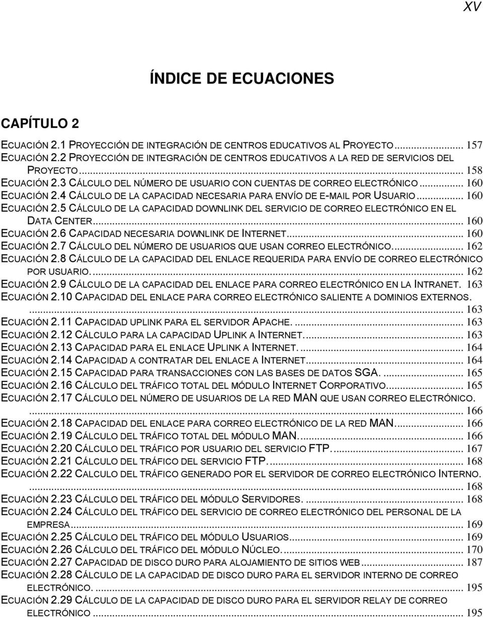 4 CÁLCULO DE LA CAPACIDAD NECESARIA PARA ENVÍO DE E-MAIL POR USUARIO... 160 ECUACIÓN 2.5 CÁLCULO DE LA CAPACIDAD DOWNLINK DEL SERVICIO DE CORREO ELECTRÓNICO EN EL DATA CENTER... 160 ECUACIÓN 2.6 CAPACIDAD NECESARIA DOWNLINK DE INTERNET.