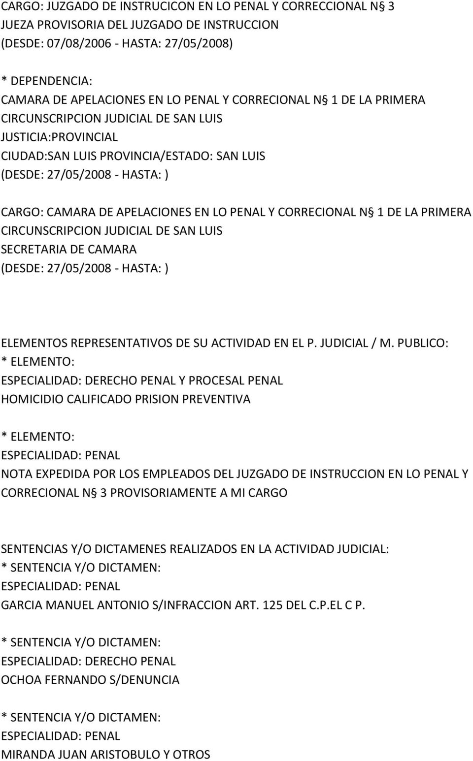 PENAL Y CORRECIONAL N 1 DE LA PRIMERA CIRCUNSCRIPCION JUDICIAL DE SAN LUIS SECRETARIA DE CAMARA (DESDE: 27/05/2008 - HASTA: ) ELEMENTOS REPRESENTATIVOS DE SU ACTIVIDAD EN EL P. JUDICIAL / M.