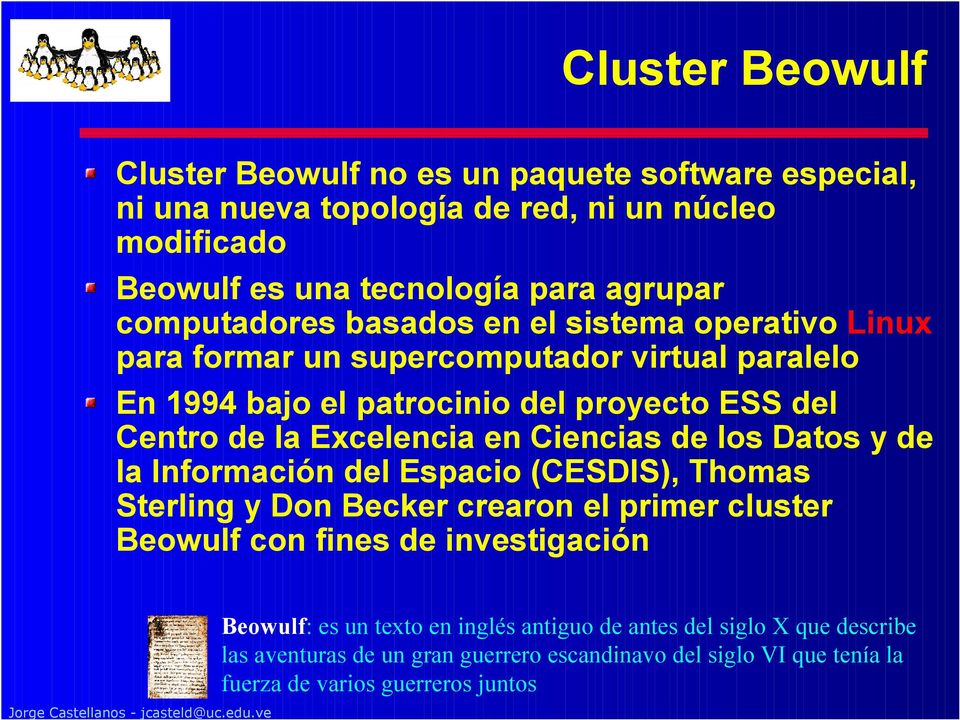 Excelencia en Ciencias de los Datos y de la Información del Espacio (CESDIS), Thomas Sterling y Don Becker crearon el primer cluster Beowulf con fines de