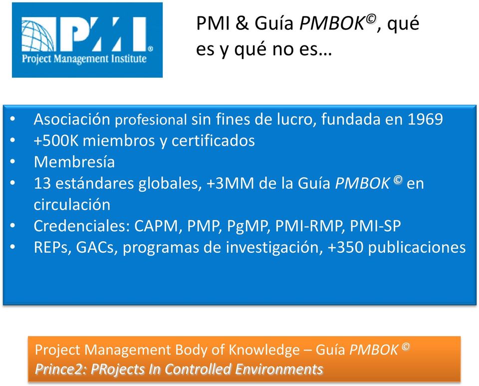 circulación Credenciales: CAPM, PMP, PgMP, PMI-RMP, PMI-SP REPs, GACs, programas de investigación,