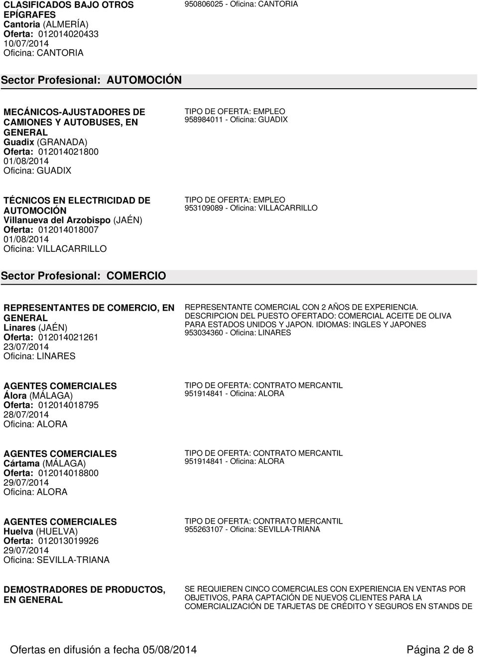 COMERCIO REPRESENTANTES DE COMERCIO, EN Linares (JAÉN) Oferta: 012014021261 23/07/2014 Oficina: LINARES REPRESENTANTE COMERCIAL CON 2 AÑOS DE EXPERIENCIA.