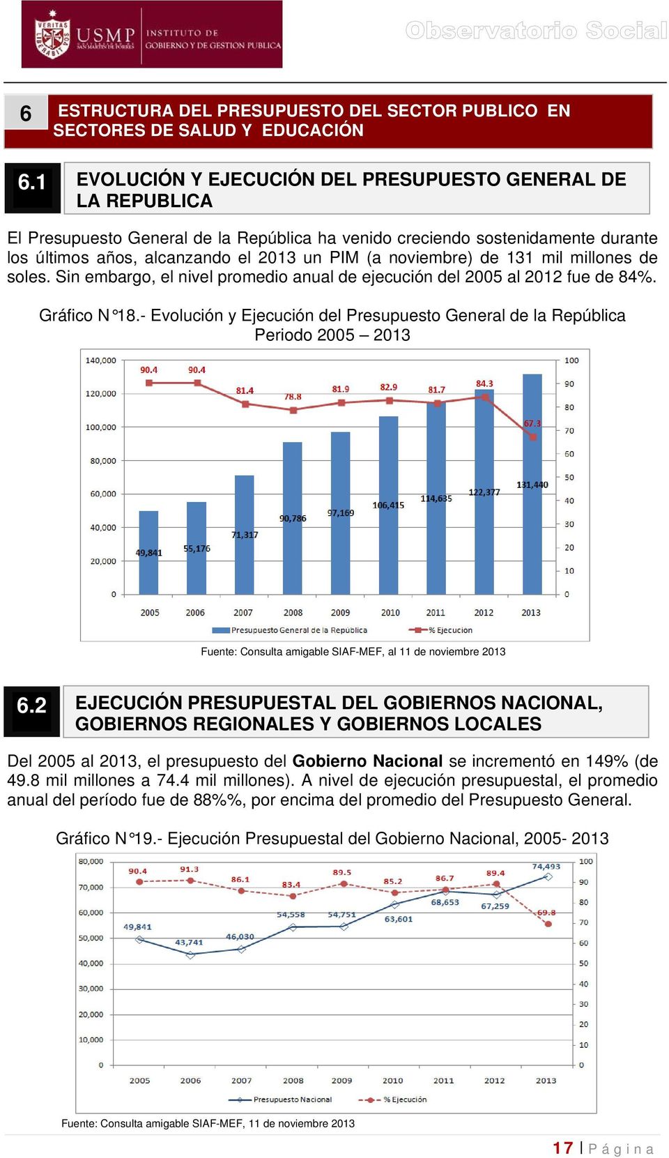 Gráfico N 18.- Evolución y Ejecución del Presupuesto General de la República Periodo 2005 2013 Fuente: Consulta amigable SIAF-MEF, al 11 de noviembre 2013 6.