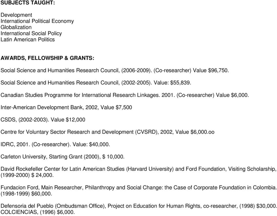 (Co-researcher) Value $6,000. Inter-American Development Bank, 2002, Value $7,500 CSDS, (2002-2003). Value $12,000 Centre for Voluntary Sector Research and Development (CVSRD), 2002, Value $6,000.
