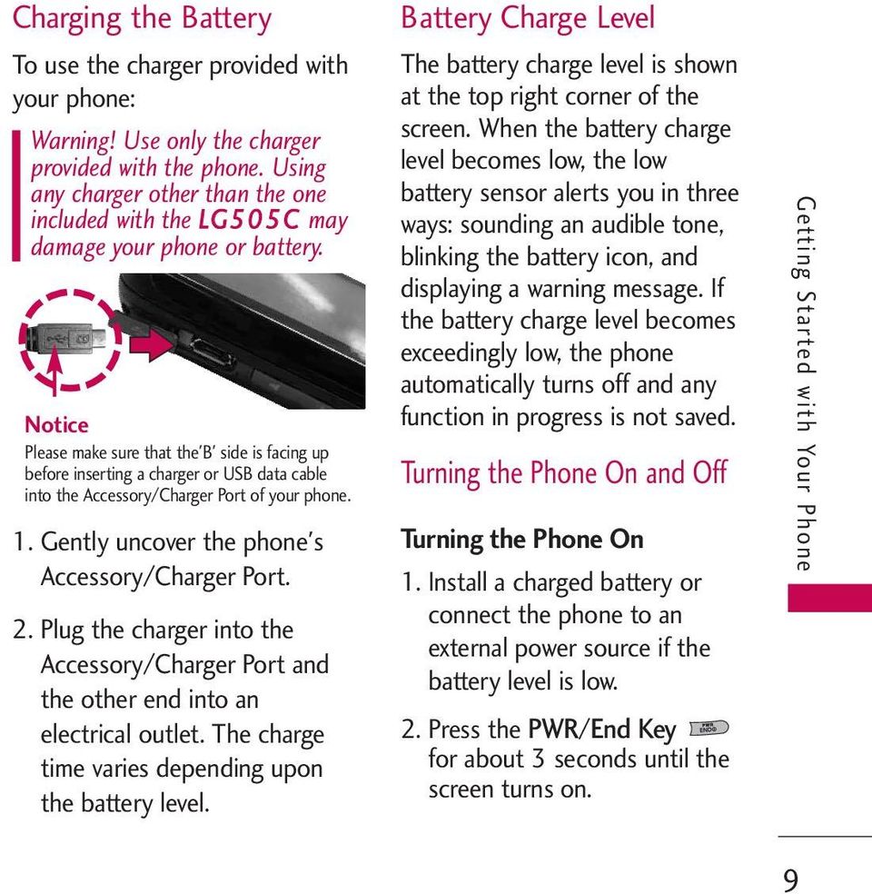 Notice Please make sure that the'b' side is facing up before inserting a charger or USB data cable into the Accessory/Charger Port of your phone. 1. Gently uncover the phone's Accessory/Charger Port.