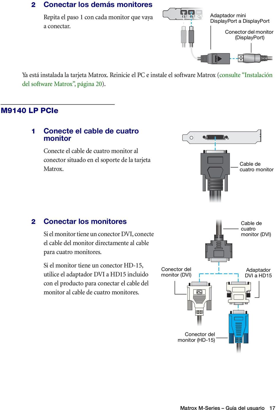 M9140 LP PCIe 1 Conecte el cable de cuatro monitor Conecte el cable de cuatro monitor al conector situado en el soporte de la tarjeta Matrox.