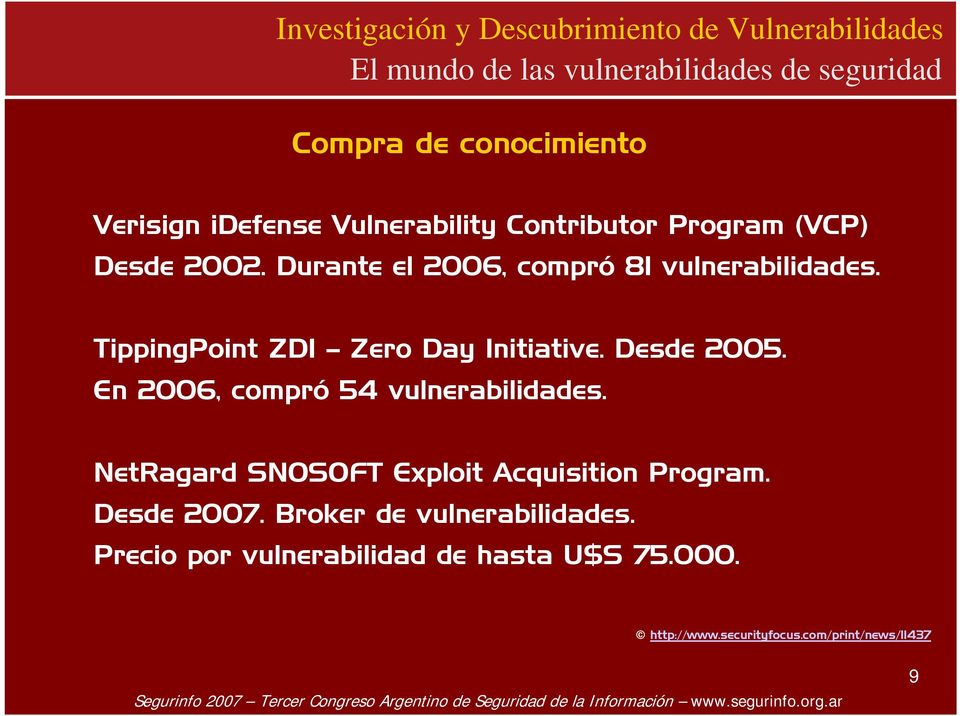 Desde 2005. En 2006, compró 54 vulnerabilidades. NetRagard SNOSOFT Exploit Acquisition Program. Desde 2007.