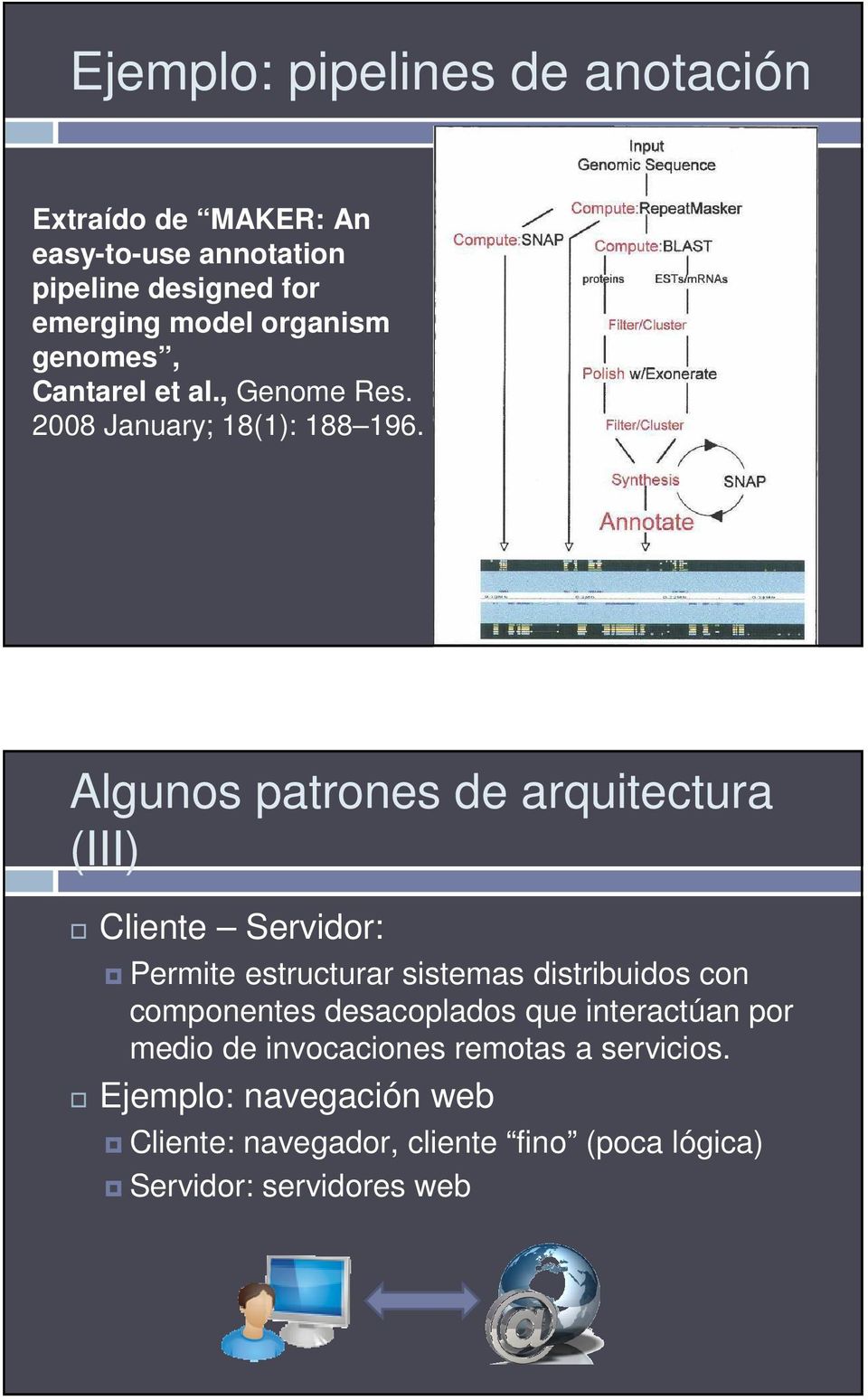 Algunos patrones de arquitectura (III) Cliente Servidor: Permite estructurar sistemas distribuidos con componentes