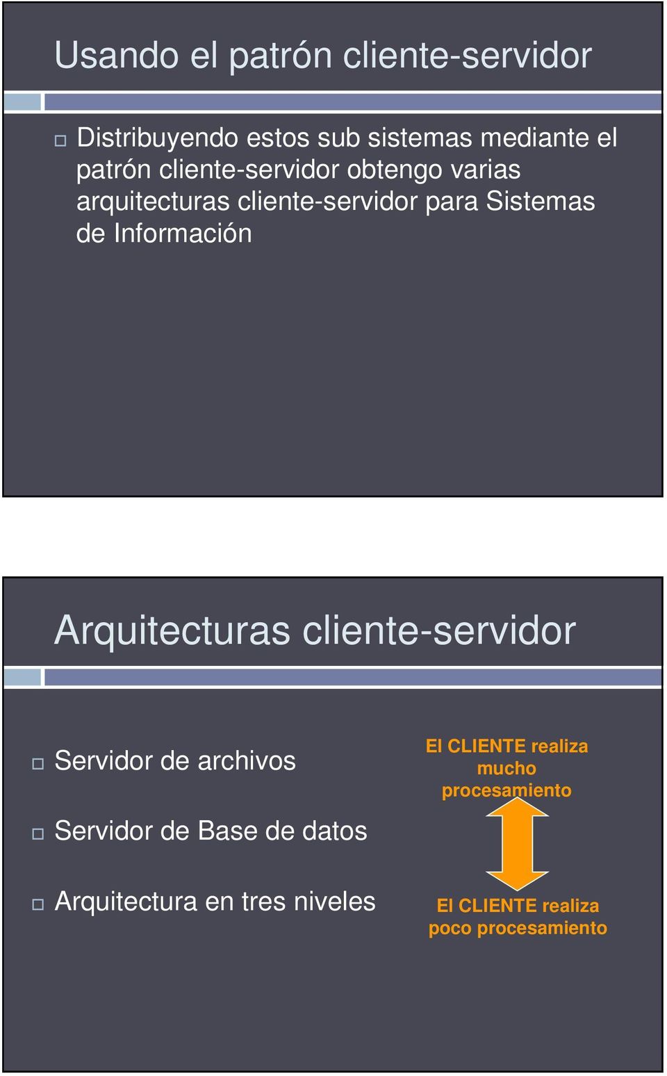Información Arquitecturas cliente-servidor Servidor de archivos Servidor de Base de datos