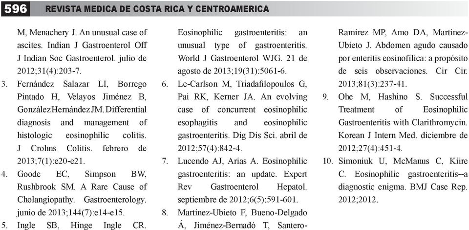 febrero de 2013;7(1):e20-e21. 4. Goode EC, Simpson BW, Rushbrook SM. A Rare Cause of Cholangiopathy. Gastroenterology. junio de 2013;144(7):e14-e15. 5. Ingle SB, Hinge Ingle CR.