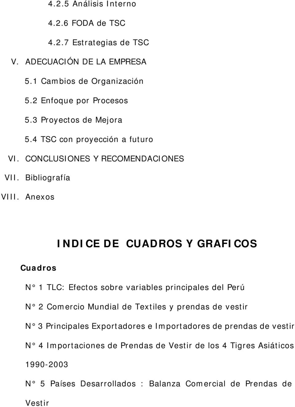 Anexos INDICE DE CUADROS Y GRAFICOS Cuadros N 1 TLC: Efectos sobre variables principales del Perú N 2 Comercio Mundial de Textiles y prendas de vestir N 3