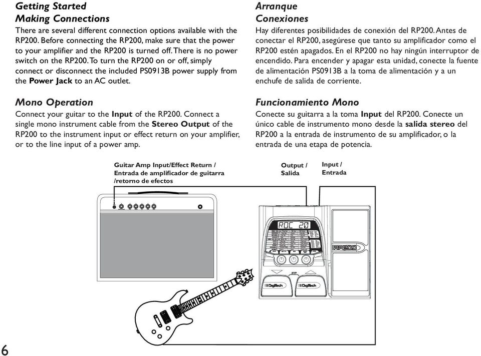 To turn the RP200 on or off, simply connect or disconnect the included PS0913B power supply from the Power Jack to an AC outlet. Mono Operation Connect your guitar to the Input of the RP200.