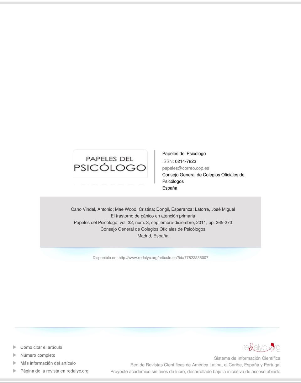 Papeles del Psicólogo, vol. 32, núm. 3, septiembre-diciembre, 2011, pp. 265-273 Consejo General de Colegios Oficiales de Psicólogos Madrid, España Disponible en: http://www.redalyc.