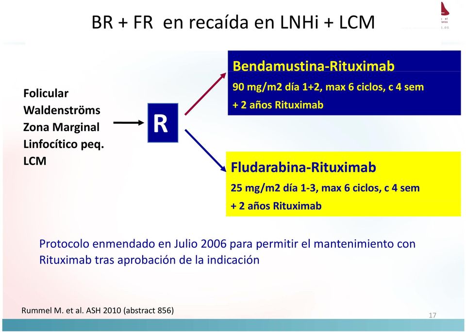 Fludarabina-Rituximab 25 mg/m2 día 1-3, max 6 ciclos, c 4 sem + 2 años Rituximab Protocolo enmendado