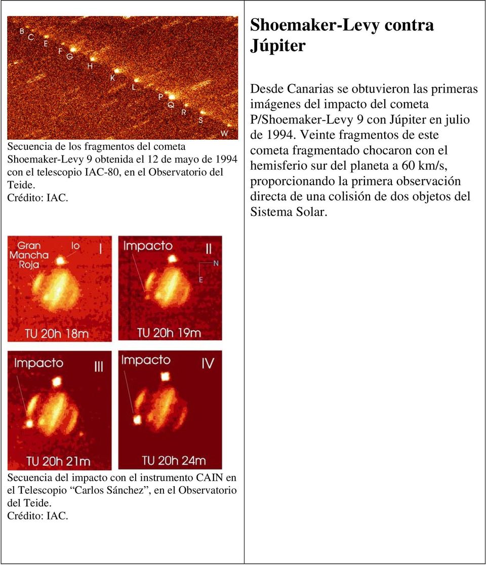 Desde Canarias se obtuvieron las primeras imágenes del impacto del cometa P/Shoemaker-Levy 9 con Júpiter en julio de 1994.