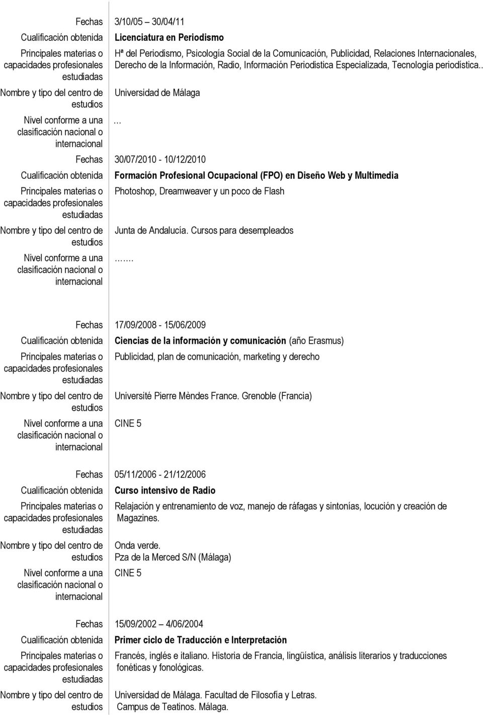 . Universidad de Málaga 30/07/2010-10/12/2010 Formación Profesional Ocupacional (FPO) en Diseño Web y Multimedia Photoshop, Dreamweaver y un poco de Flash Junta de Andalucía. Cursos para desempleados.