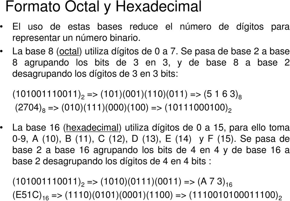 => (010)(111)(000)(100) => (10111000100) 2 La base 16 (hexadecimal) utiliza dígitos de 0 a 15, para ello toma 0-9, A (10), B (11), C (12), D (13), E (14) y F (15).