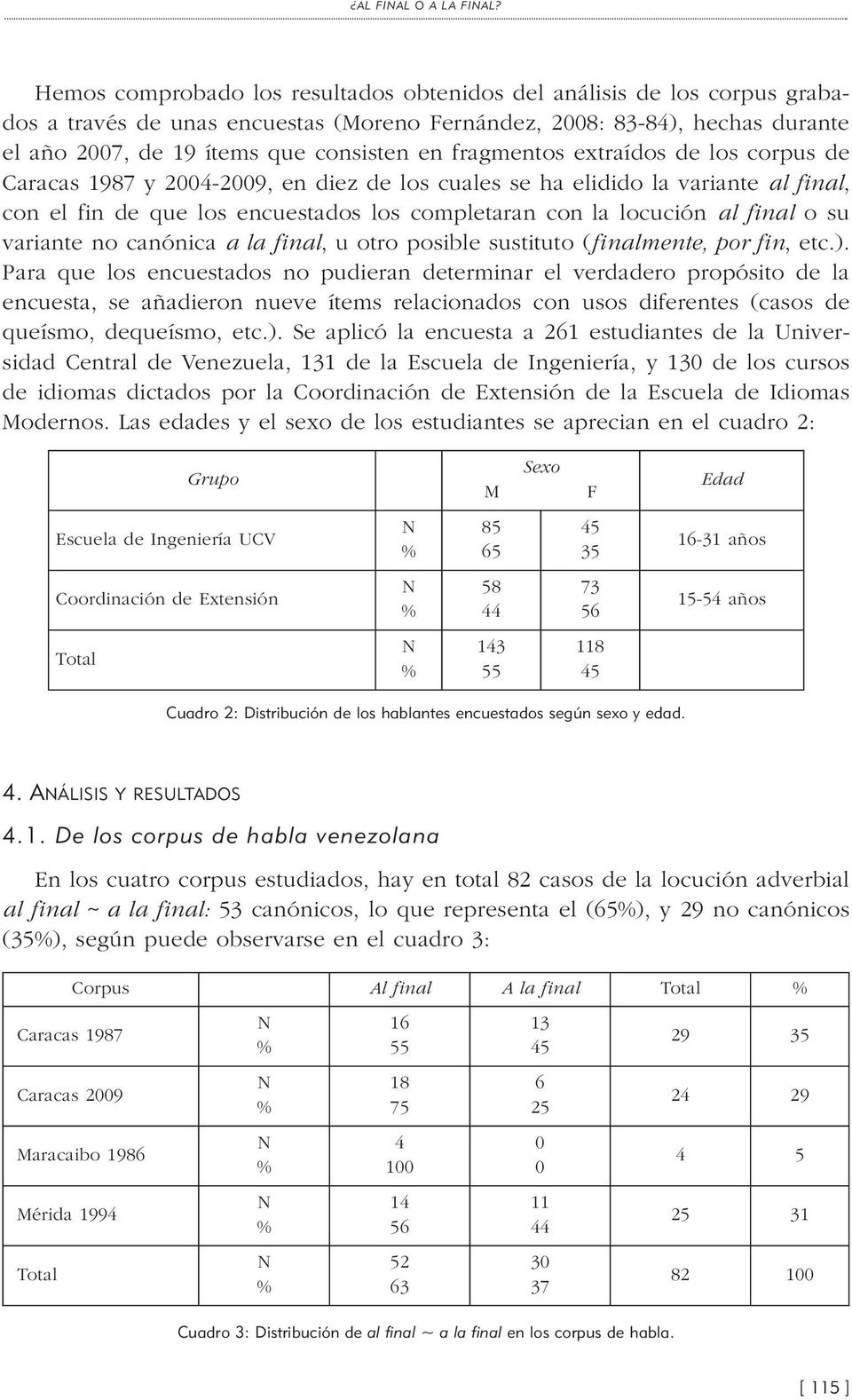 fragmentos extraídos de los corpus de Caracas 987 y 2004-2009, en diez de los cuales se ha elidido la variante al final, con el fin de que los encuestados los completaran con la locución al final o