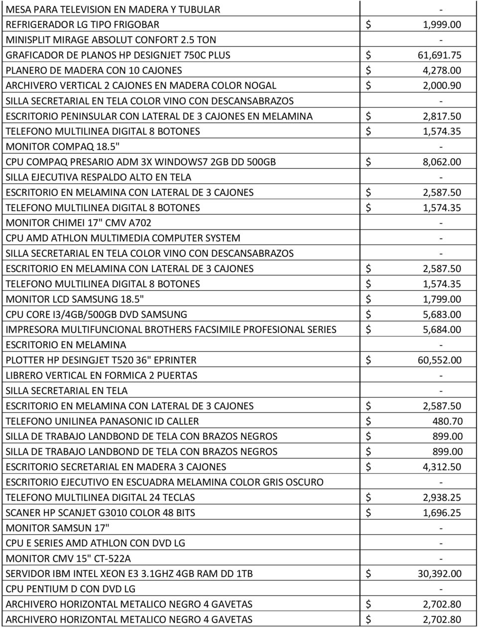 90 SILLA SECRETARIAL EN TELA COLOR VINO CON DESCANSABRAZOS - ESCRITORIO PENINSULAR CON LATERAL DE 3 CAJONES EN MELAMINA $ 2,817.50 MONITOR COMPAQ 18.
