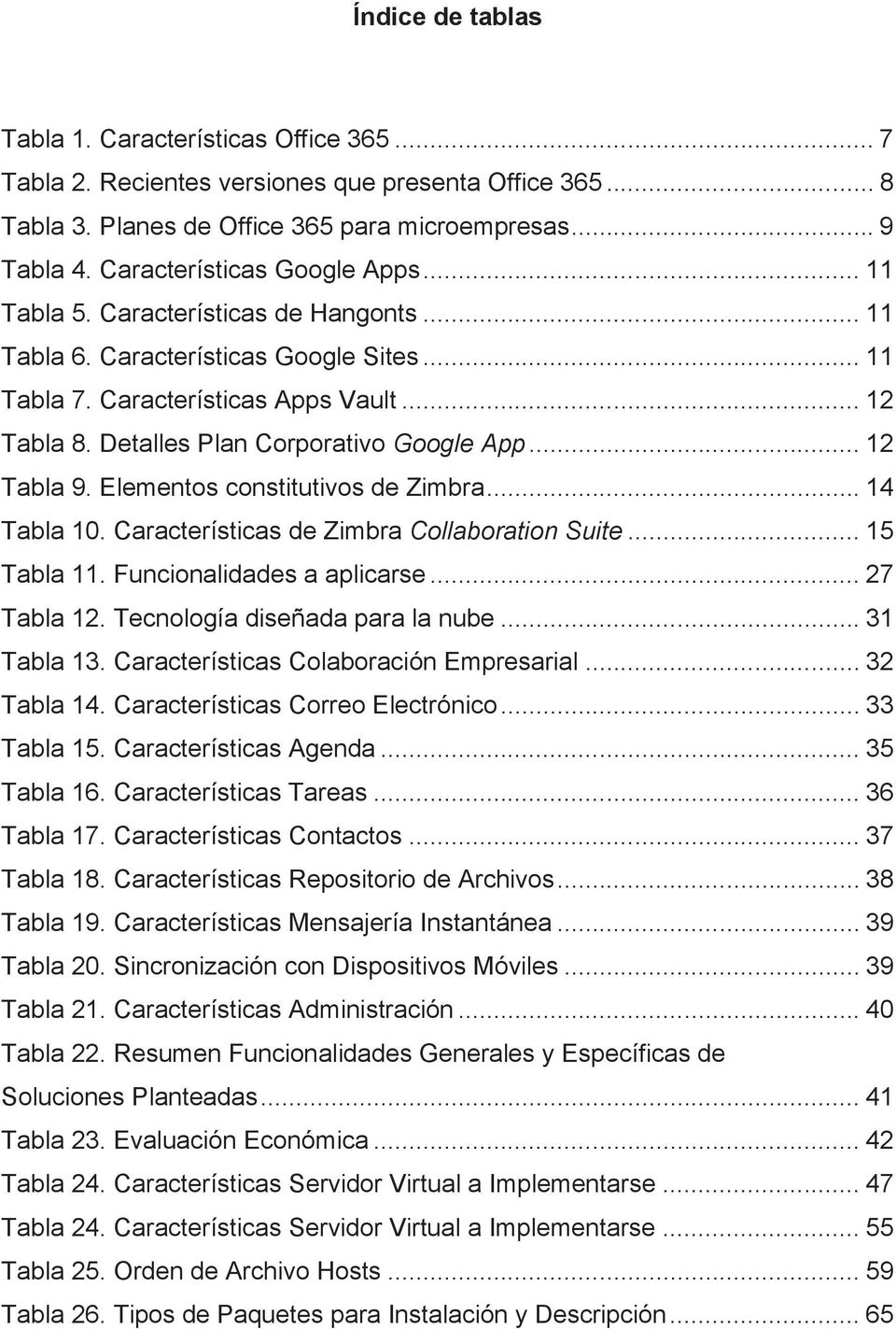 Detalles Plan Corporativo Google App... 12 Tabla 9. Elementos constitutivos de Zimbra... 14 Tabla 10. Características de Zimbra Collaboration Suite... 15 Tabla 11. Funcionalidades a aplicarse.