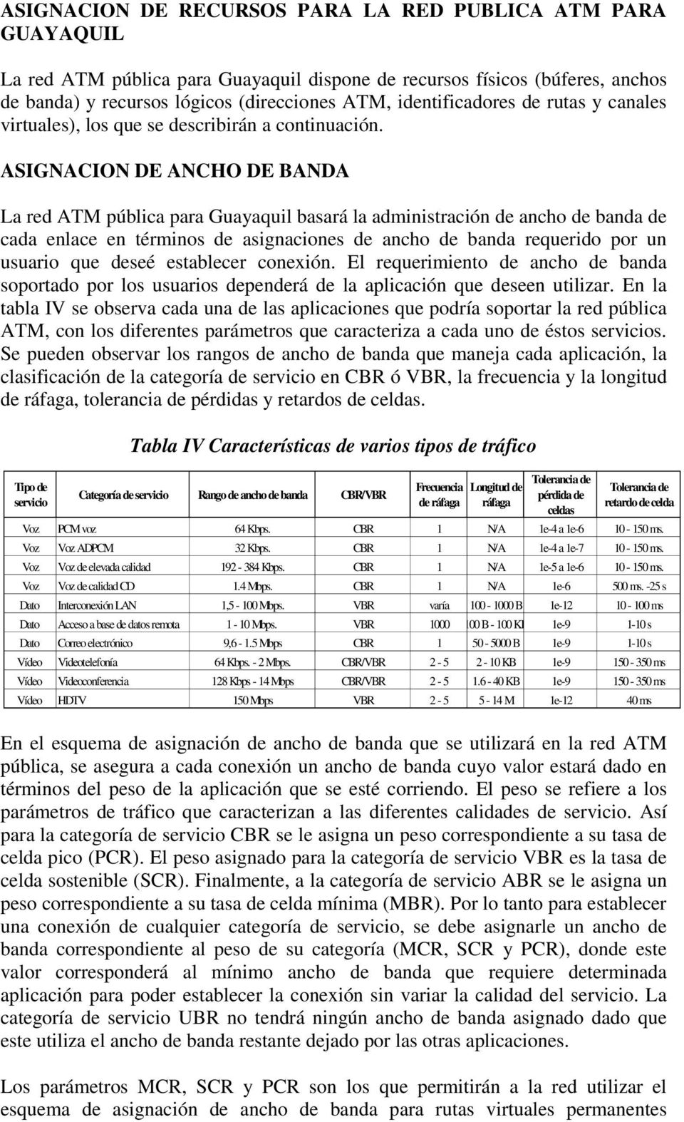 ASIGNACION DE ANCHO DE BANDA La red ATM pública para Guayaquil basará la administración de ancho de banda de cada enlace en términos de asignaciones de ancho de banda requerido por un usuario que