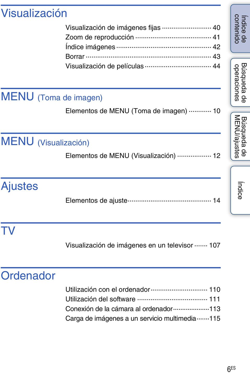 (Visualización) 12 de Ajustes Elementos de ajuste 14 TV Visualización de imágenes en un televisor 107 Ordenador