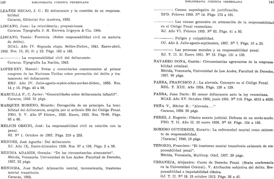 Enero-abril, 1942. Nos. 19, 20, 31 y 22. Págs. 162 a 183. : La responsabilidad civil del delincuente. Caracas. Tipografía La Nación, 1943.